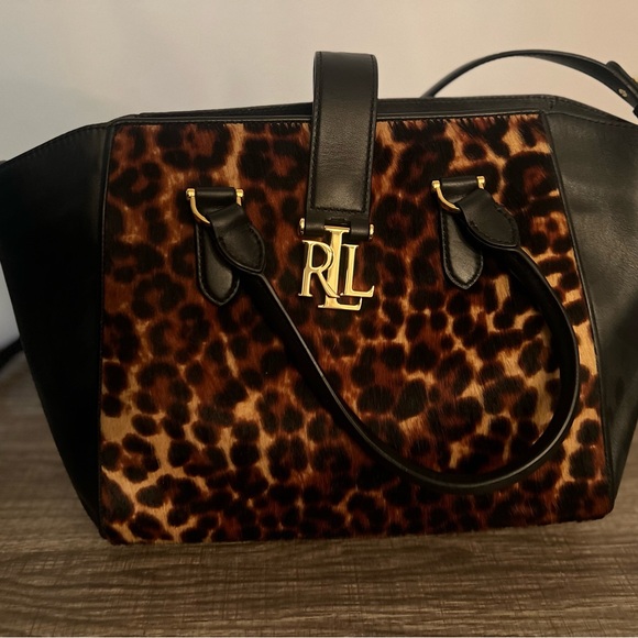 Ralph Lauren Carrington Bethany Medium Leopard Leather Satchel Purse - Picture 2 of 12